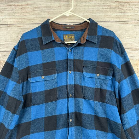 Lucky Brand Saturday Stretch Plaid Flannel Shirt Mens XL Blue Classic Fit - Picture 3 of 14